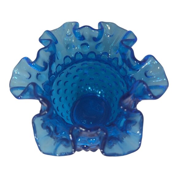 Vintage 1970s Fenton Hobnail Colonial Blue Glass Vase With Ruffled Edge 4.25x4" - Picture 2 of 4